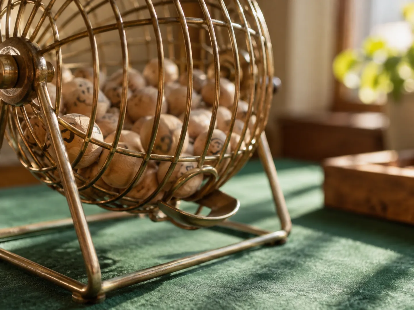 Numbered wooden bingo balls resting in a small brass wire cage on a green baize table