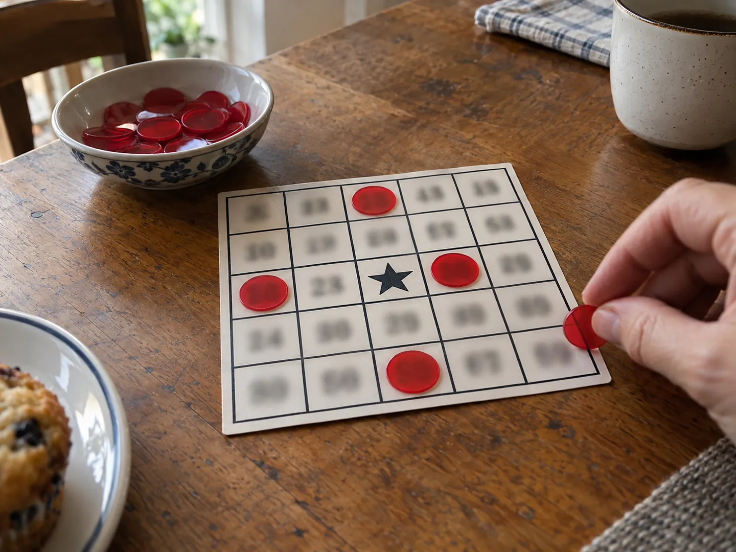 A square 75-ball bingo card with a five by five grid and a few squares marked with round red counters